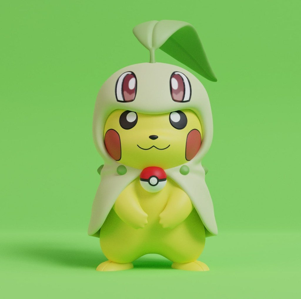 Pikachu disfrazado de Chikorita