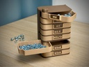 Torre modular de almacenamiento organizador con dos cajas con etiqueta